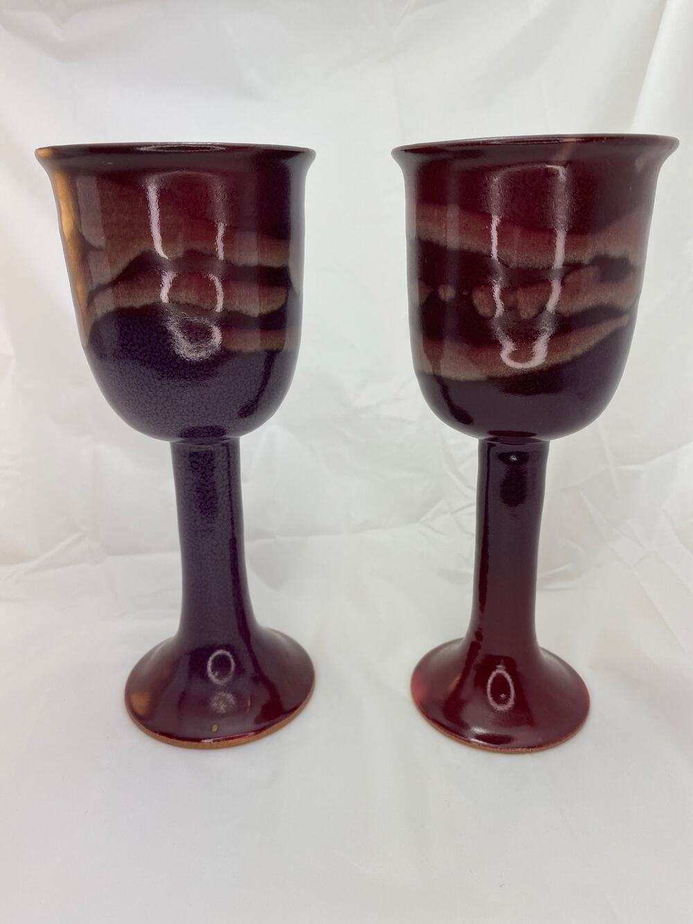Vintage Signed Studio Pottery Wine Goblets Pair Oxblood Glazed Chalice